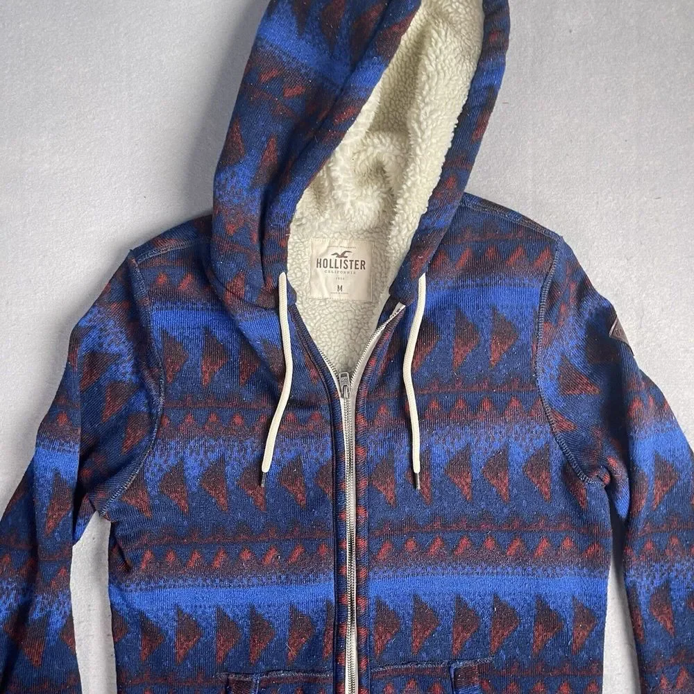 Vintage Hollister Full Zip Hooded Sherpa Sweatshirt Men Medium Aztec‎ 90s Y2K